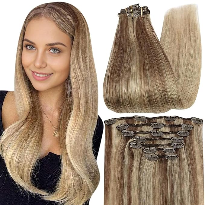 Full Shine Clip in Hair Extensions Human Hair Balayage Blonde Clip in Human Hair Extensions Golden Brown Balayage Dirty Blonde Double Weft Clip ins 18 Inch 7 Pcs 120 G
