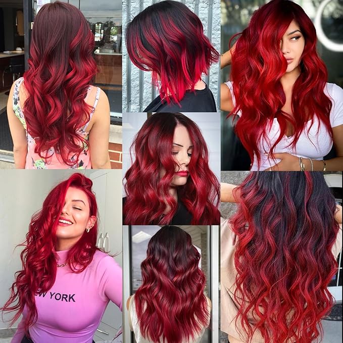 16 Pcs Colored Hair Extensions Curly Wavy Clip in Synthetic Hairpiece Streak for Girls Women Kids,Colorful Party Highlights Christmas New Year Cosplay Festival Gift(Red)