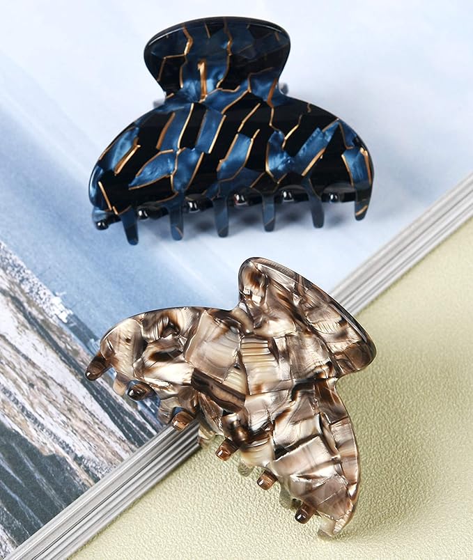2Pcs Medium Tortoise Shell Claw Hair Clips, Elegant French Design Celluloid Hair Jaw Grips for Women