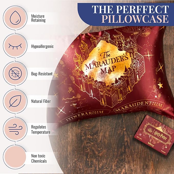 Blissy Silk Pillowcase - 100% Pure Mulberry Silk - 22 Momme 6A High-Grade Fibers - Silk Pillow Cover for Hair & Skin - Regular, Queen & King (Harry Potter - Marauder's Map, Queen)