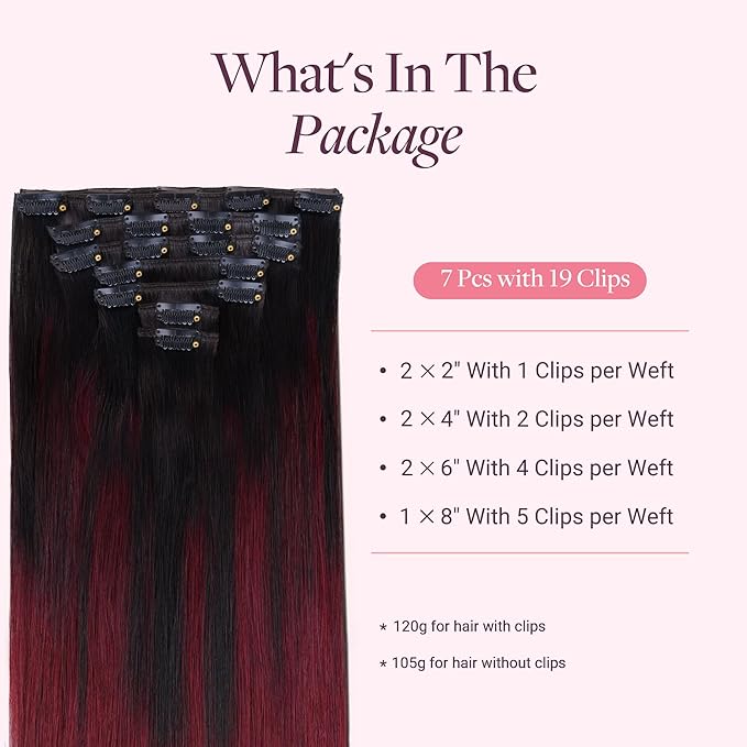 GOO GOO Clip in Hair Extensions Real Human Hair, Remy Human Hair Extensions Clip ins for Women, Natural Human Hair, 18inch 120g 7 Pcs, #1/99j Balayage Jet Black to Red