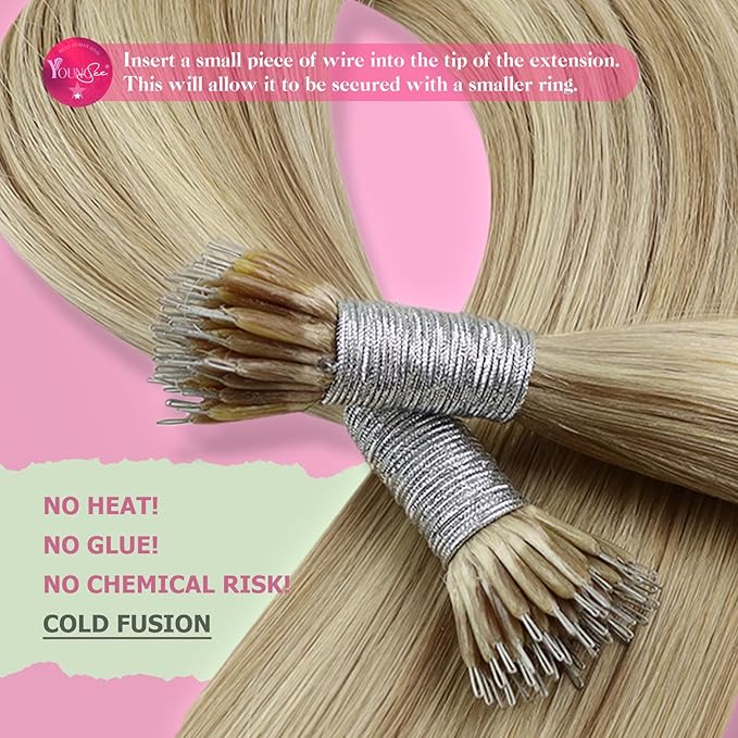 YoungSee Nano Ring Hair Extensions Blonde Nano Extensions Human Hair Warm Ash Blonde Highlights Bleach Blond Nanobead Hair Extension Human Hair 22 Inch Long Hair Nano-Tip Extension Cold Fusion 50s 50g
