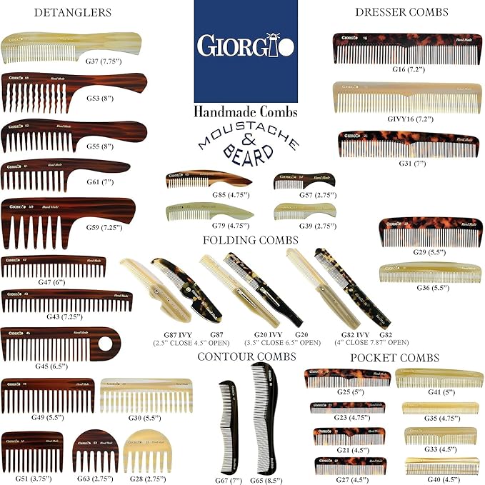 Giorgio G37 Large Coarse Detangler Comb, Wide Teeth for Thick, Curly, or Wavy Hair – For Wet and Dry Use, Handmade Rake Saw-Cut from Polished Cellulose (Tortoiseshell)