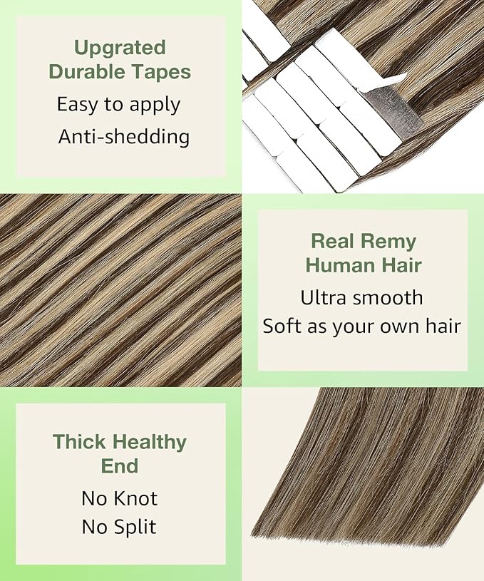 SURNEL Tape in Hair Extensions 18 inch Chocolate Brown Highlighted Caramel Blonde Tape in Hair Extensions Human Hair 20 pcs 50g(#4P27-18)