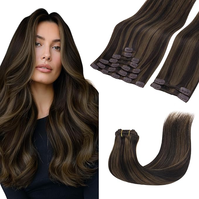 GOO GOO Clip in Hair Extensions Real Human Hair, Remy Human Hair Extensions Clip ins for Women, Natural Human Hair, 14inch 150g 9 Pcs, #2/6 Dark Brown Highlighted Chestnut Brown