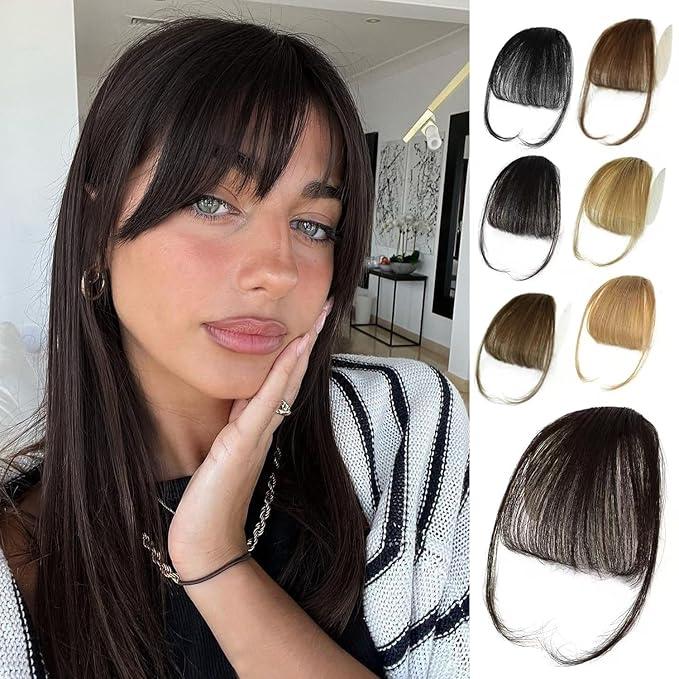 NAYOO Bangs Hair Clip- Dark Brown Fake Bangs 100% Real Human Hair Extensions Wispy Bangs for Women Fringe with Temples Hairpieces Curved Bangs for Daily Wear（Dark Brown Wispy Bangs）