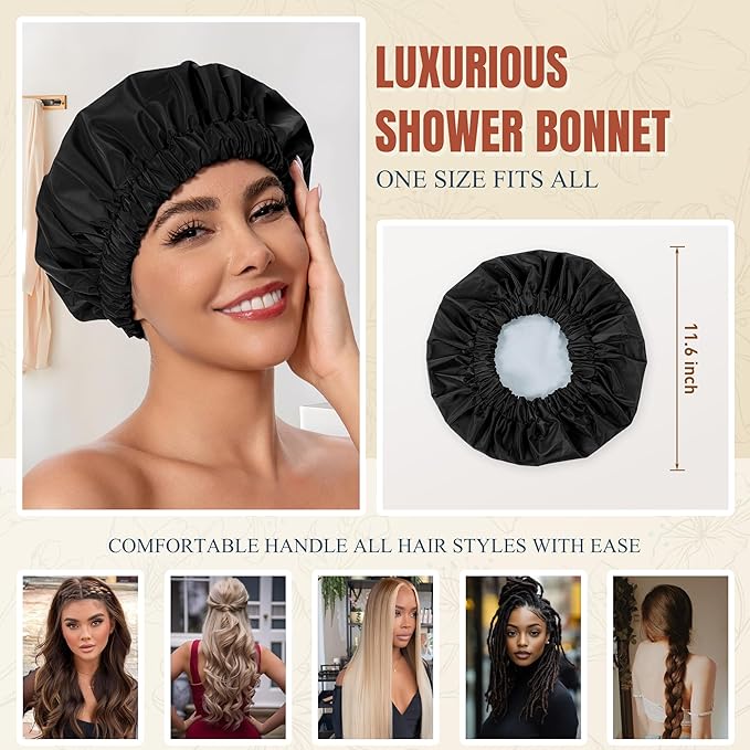 Reusable Shower Cap for Women, Stylish Large Waterproof Shower Bonnet Washable Wide Elastic Band Hair Cap for Long Hair, Braids Bath Hat(Black)
