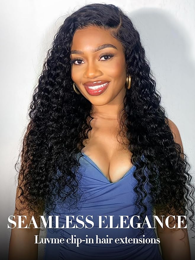 LUVME Hair Extensions Natural Black 26 Inch 135g 7pcs Real Human Hair Loose Deep Wavy Remy Clip in Human Hair Extensions Thick Hair