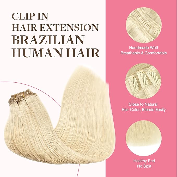 GOO GOO Clip in Hair Extensions Real Human Hair, Remy Human Hair Extensions Clip ins for Women, Natural Human Hair, 14inch 150g 9Pcs, 613R Bleach Blonde