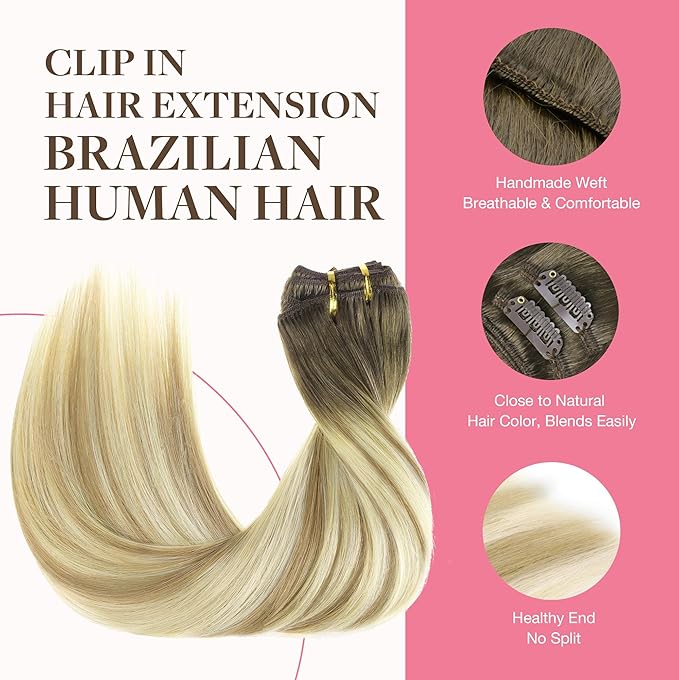GOO GOO Clip in Hair Extensions Real Human Hair, Remy Human Hair Extensions Clip ins for Women, Natural Human Hair, 14inch 150g 9Pcs, 5A/90/16F Bahamian Balayage