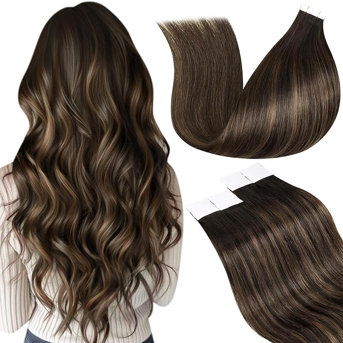 LaaVoo Tape in Hair Extensions Ombre Brown to Light Brown Tape ins Human Hair Extensions Ombre Tape in Extensions Real Human Hair Seamless Skin Weft 14 Inch 20pcs 50g