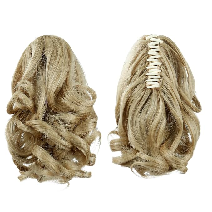 Blonde Ponytail Extensions,9" Short Curly Wavy Claw Clip Pony tails Hair Extensions Natural Soft Synthetic Hairpiece for Women