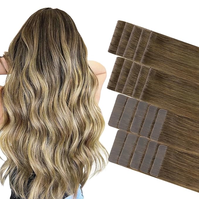 GOO GOO Invisi Edge Tape in Hair Extensions Human Hair, 3/8/613 Walnut Brown to Ash Brown and Bleach Blonde 10pcs injected with 10pcs classical tape ins, 24inch 50g, Virgin Remy Hair, Natural Look