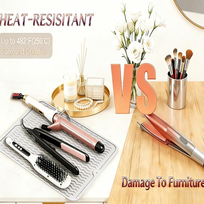 Heat Mat for Curling Iron, Oversize Silicone Resistant Mat for Hair Tools, Hot Pad for Hair Straightener, Flat Irons and Hot Hair Styling Tools Home Kitchen Travel Gym Salon Grey (15.7" x 11.8")
