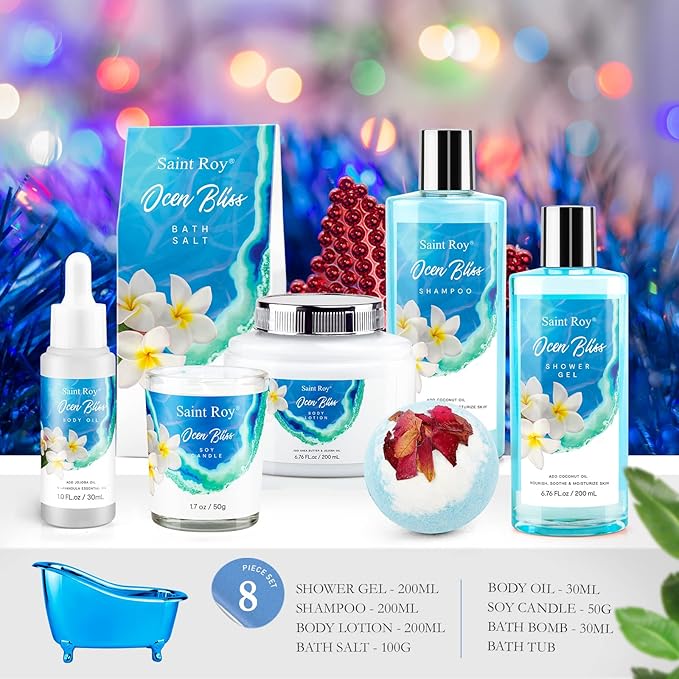 Bath & Body Gift Set, Bath Basket Spa kit Gifts for Her Him Birthday Gifts for Women, Luxury Home Spa Kit, 8pcsChristmas Gifts for Women Ocean Vanilla, Spa Gift Baskets, Unique Mother's Day Gifts