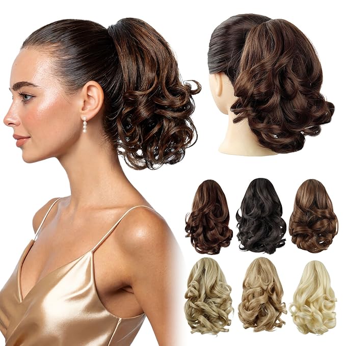 Brown Ponytail Extensions,9" Short Curly Wavy Claw Clip Pony tails Hair Extensions Natural Soft Synthetic Hairpiece for Women