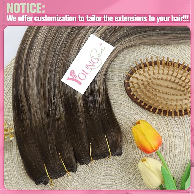 YoungSee Wire Hair Extensions Real Human Hair Balayage Brown Wire Extensions with Adjustable Clips Ombre Dark Brown with Ash Blonde Straight Human Hair Fish Line Extensions 16Inch 80G