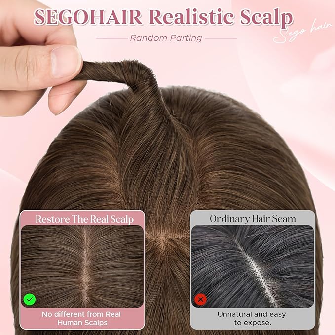 Real Human Hair Toppers for Women 3.54"*4.72" Silky Base 150% Density With Bangs Adjustable Parting Clip-In Topper Hairpieces for Women with Thinning Hair 12 Inches Natural Brown