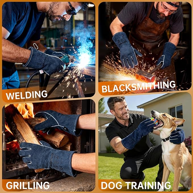 Welding Gloves Fire Heat Resistant Fireproof Leather for Welding Fire Pit Wood Stove Campfire Furnace BBQ Baking,Grill Oven Stick Mig Tig Gear Gift for Man L