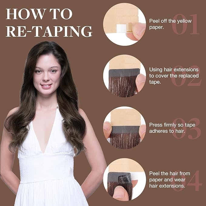 GOO GOO Tape in Hair Extensions Human Hair, 4A Chocolate Brown, 18inch 50g 20pcs, Skin Weft Seamless Invisible, Silky Straight with Thick Ends, Remy Human Hair