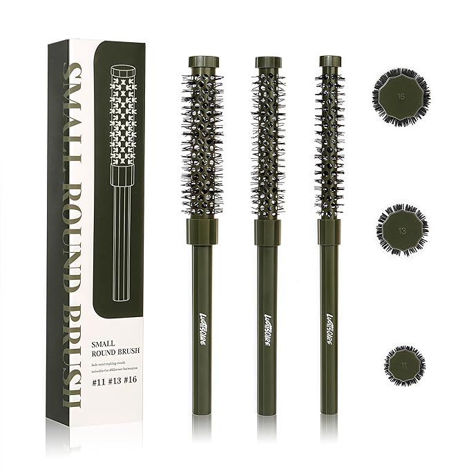 3pcs Small Round Hair Brush for Short Hair - Barrel Hair Brush for Blow Drying, Aluminum Round Brush for Bobs, Bangs, Lobs, Roots, Curling, Pixie Cuts, Straight Hair - Green