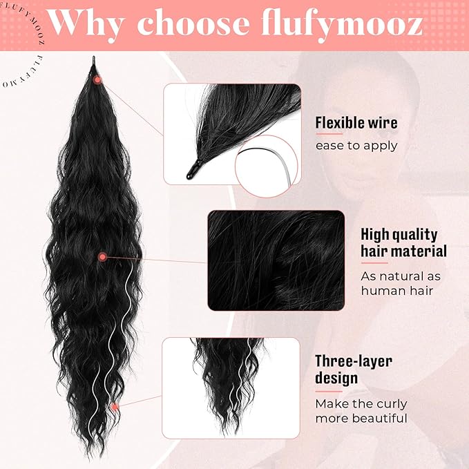 Flufymooz Ponytail Extension, Flexible Wrap Around Ponytail Extension Long Wavy Curly Ponytail Hair Extensions Natural pony tail Synthetic Hairpiece for Women 26 Inch (Natural Black)
