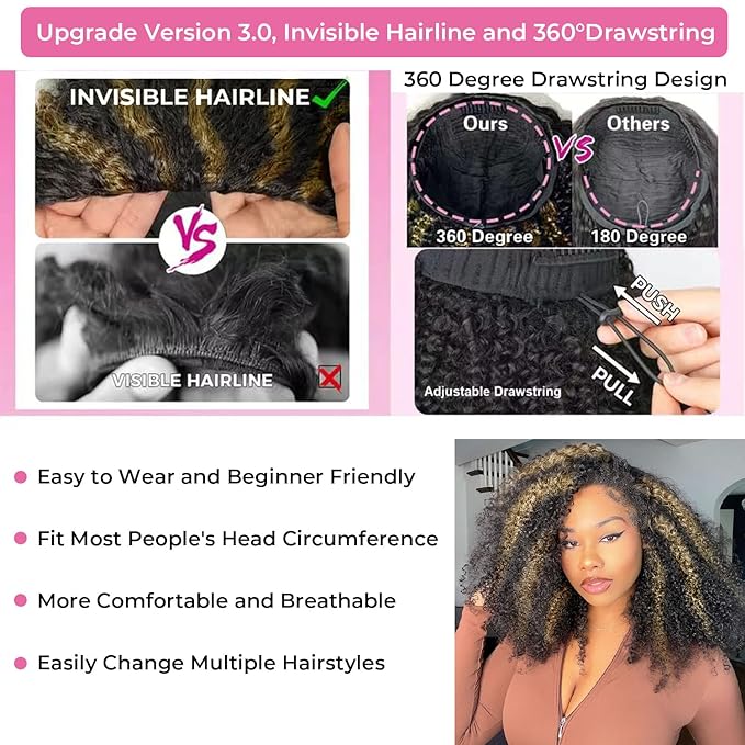250% Density Kinky Curly Half Wig Human Hair Glueless Wigs Upgrade 3 IN 1 Highlight 1b/27 Half Wig With Drawstring Seamless Clip Ins Flip Over Kinky Curly Human Hair No Glue No Lace 18 Inch