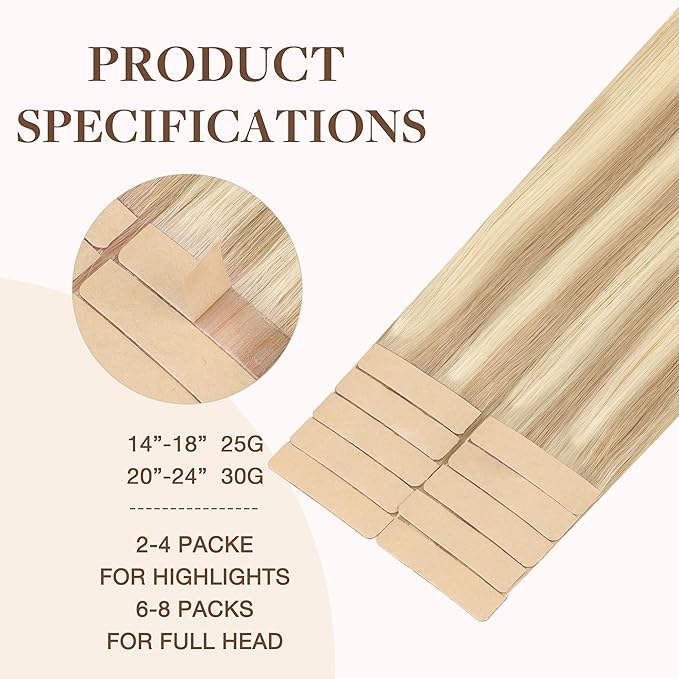 GOO GOO Tape in Hair Extensions Human Hair, 18A/613A Dark Blonde Highlighted Bleach Blonde, 22inch 30g 10pcs, Skin Weft Seamless Invisible, Silky Straight with Thick Ends, Remy Human Hair