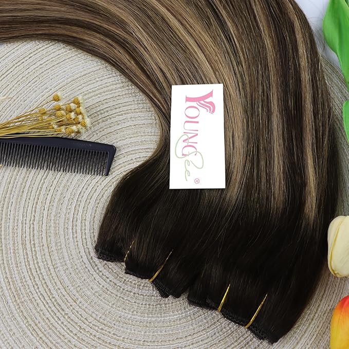 YoungSee 130G Wire Human Hair Extensions Balayage Invisible Wire Hair Extensions Real Human Hair Chocolate Brown Mix Caramel Blonde Couture Hair Extension for Women 20Inch