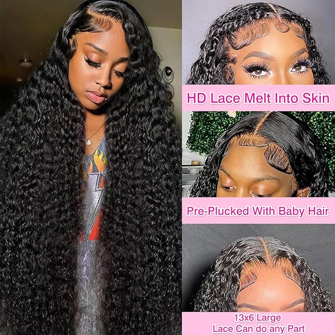 BVLBVL 28 Inch 13x6 Deep Wave Lace Front Wigs Human Hair 180 Density Curly Human Hair Wig HD Lace Frontal Wig Pre Plucked, Real Human Hair No Synthetic Blend No Tangle No Shedding Triple Lifespan 3X