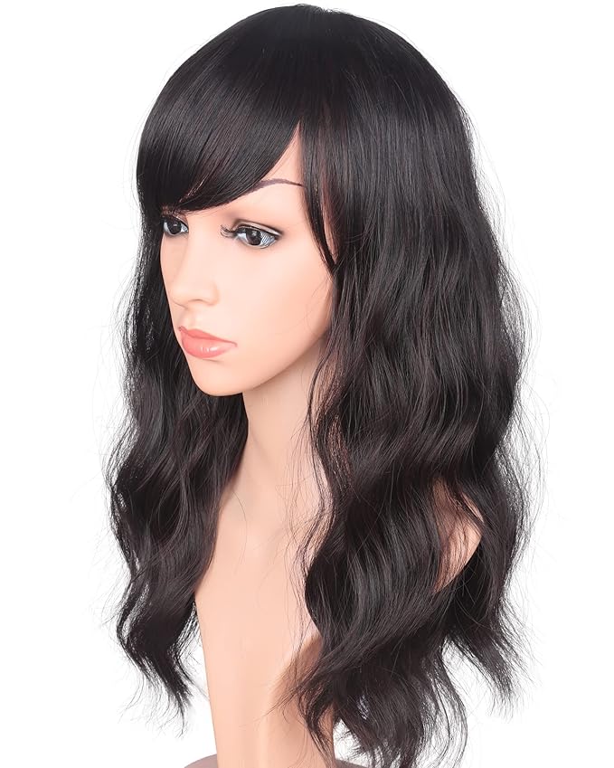 16 Inches Black Mix Brown Fashion Wavy Synthetic Hair Wigs For Black Women With Side Bangs Free Wig Cap (BLACK MIX BROWN(1B/33#))