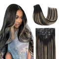 Lashey Seamless Clip in Hair Extensions Human Hair, 110g 7pcs Straight Balayage Natural Black to Light Blonde Highlighted Clip in Hair Extensions for Black Women 14 Inch