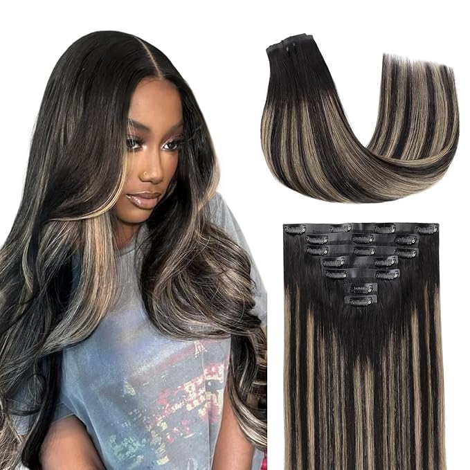 Lashey Seamless Clip in Hair Extensions Human Hair, 110g 7pcs Straight Balayage Natural Black to Light Blonde Highlighted Clip in Hair Extensions for Black Women 14 Inch