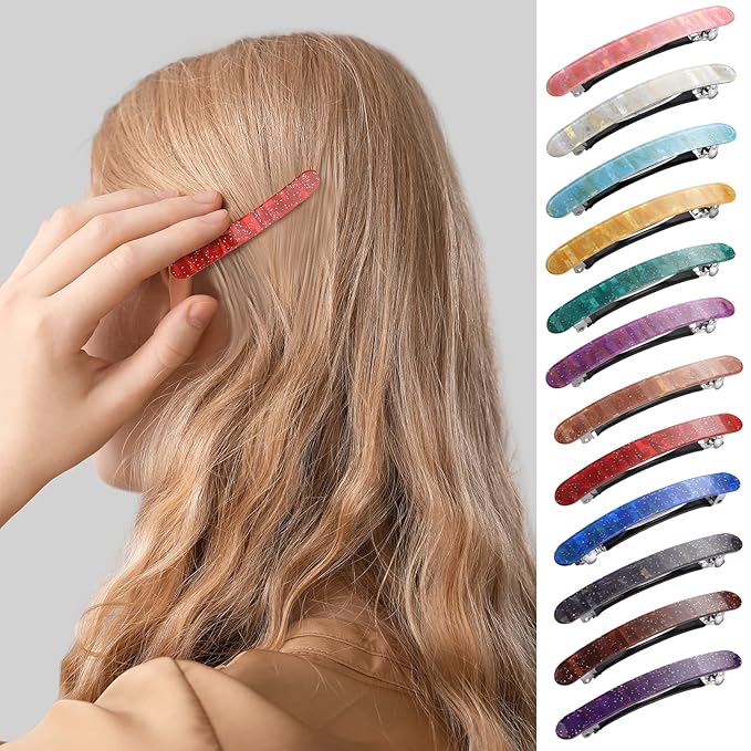 12 Pieces Hair Barrettes for Women Tortoise Shell Acetate French Skinny Clip Automatic Ponytail Barrettes for Women Fine Thin Hair Accessories(Retro Color)