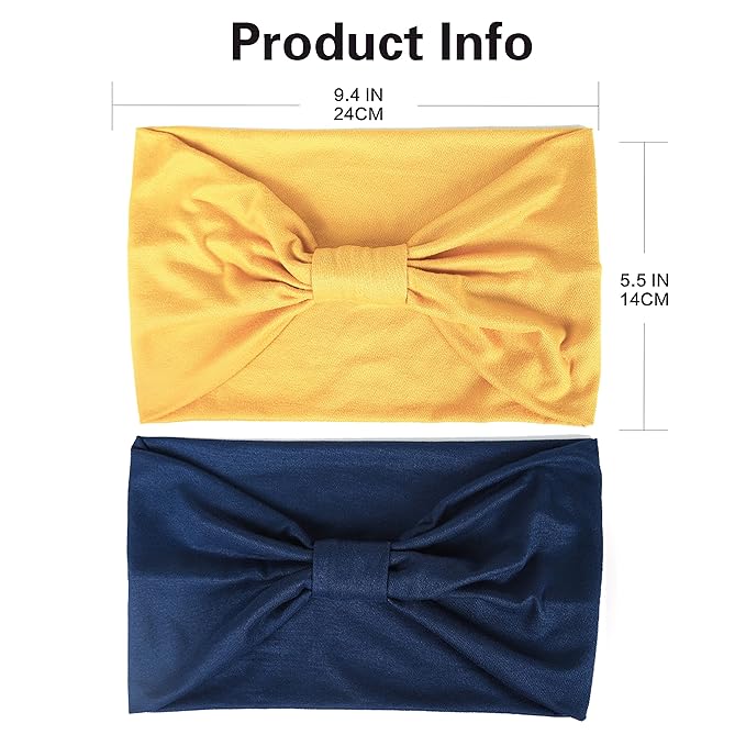 GiLi 2 Pack Wide Headbands for Women Boho African Knotted Non Slip Fashion Hair Bands Yoga Running Sports Workout Gym Head Wraps Elastic Soft Cotton Cloth Turbans Bandana for Girls(Yellow,Navy)