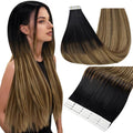 Full Shine Tape in Hair Extensions Color 1B Off Black Fading to 6 and 27 Honey Blonde 16 Inch Invisible Hair Extensions Real Human Hair Tape in 20PCS Seamless Remy Soft and Silky 50g for Party