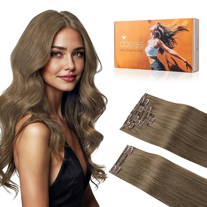 DOORES Human Hair Extensions Clip in, Light Ash Brown 150g 9pcs 16 Inch, Clip ins Remy Hair Extensions Real Human Hair Clip in Hair Extensions Human Hair Natural Straight Thick Hair