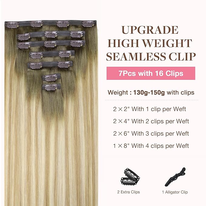 GOO GOO Clip in Hair Extensions Real Human Hair, Remy Human Hair Extensions Clip ins for Women, Natural Human Hair, 24inch 160g 7Pcs, 5A/90/16F Bahamian Balayage