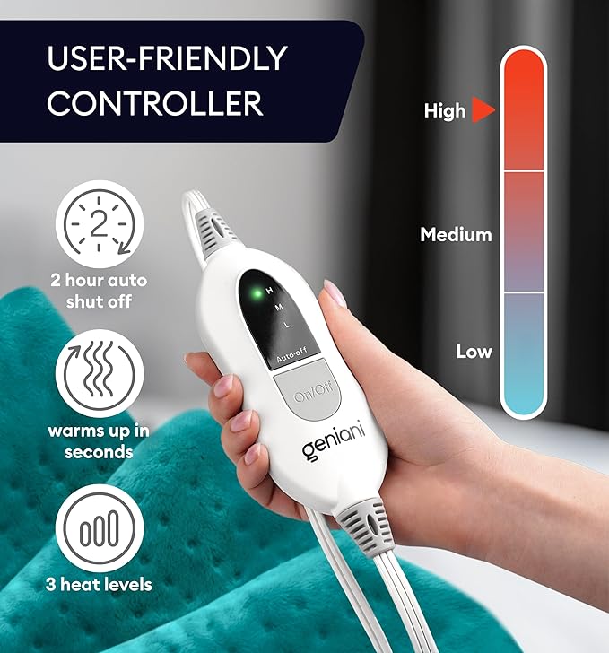 GENIANI XL Electric Heating Pad for Back Pain & Cramps Relief, Electric Throw, Birthday Christmas Gifts for Women, Men Auto Shut Off, Machine Washable, Heat Pad for Neck & Shoulder (Viridian Green)