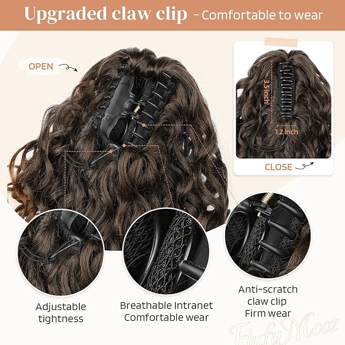 Flufymooz 100％ Pure Protein Ponytail Extension, 18 Inch Curly Claw Clip Ponytail Hair Extensions Natural Soft pony tail hairpiece for women-Dark Almond Brown with Copper