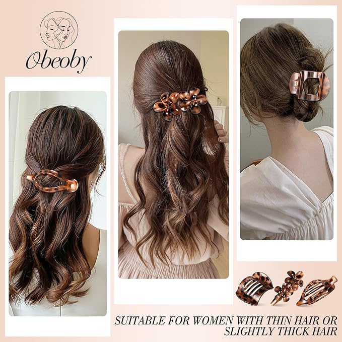 Obeoby 10 Pcs Flat Hair Clips for Women, 3 Styles French Flat Claw Clips for Thin Thick Hair, Medium Duckbill No Slip Hair Accessories Barrettes Girls（Tortoiseshell）