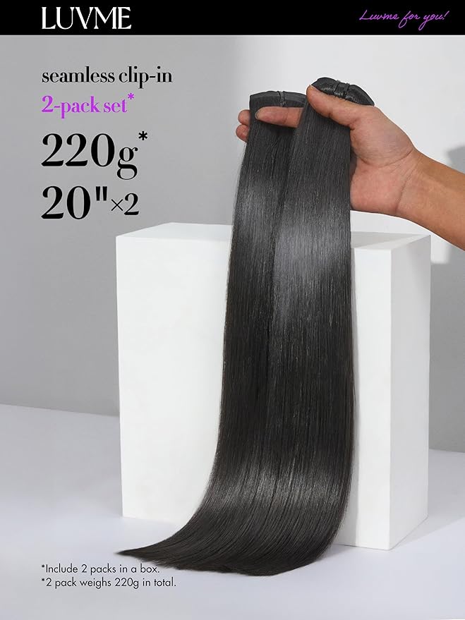 LUVME 2 Pack Straight Seamless 220g 14Pcs Clip in Hair Extensions Full Max with 18inch Remy Human Hair Extensions, Natural Black 100% Real Soft Human Hair Extension