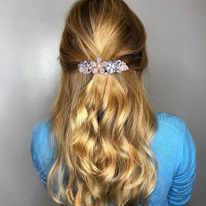 Joez Wonderful Rhinestone Hair Clip Sparkly Crystal Barrettes French Wedding Prom Engagement Pageant First Communion Hair Decorative Accessories for Women Bride Thick Long Hair (Flower White, 1 Pcs)