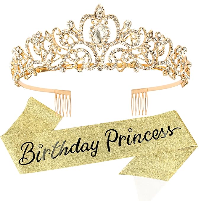Princess Crowns Tiara for Girls, Birthday Sash for Party Decorations Supplies, Gifts for Girls Happy Birthday Party Favors Accessories