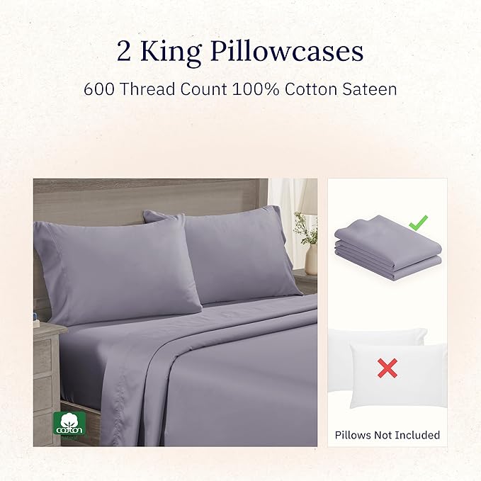 California Design Den Luxuriously Soft Premium 600 Thread Count, 100% Cotton Set of 2 Cases, Crisp King Size Pillow Covers Set of 2, Fits King Pillows (Lavender)
