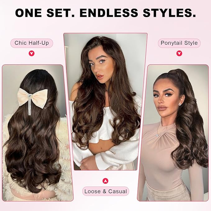 ALXNAN Long Wavy Hair Extensions for Women, Clip in Hair Extensions Clip Ins Soft Full Head Synthetic Hairpieces 16 Inch Balayage Chocolate Brown to Caramel Blonde