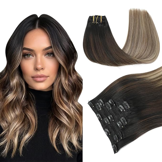 PINKPEARL Clip in Hair Extensions Real Human Hair #1B/4/27 Balayage Natural Black to Chocolate Brown and Caramel Blonde Clip in Hair 7pcs 120g 22inch Human Hair Extensios Clip ins(#1B/4/27-22)