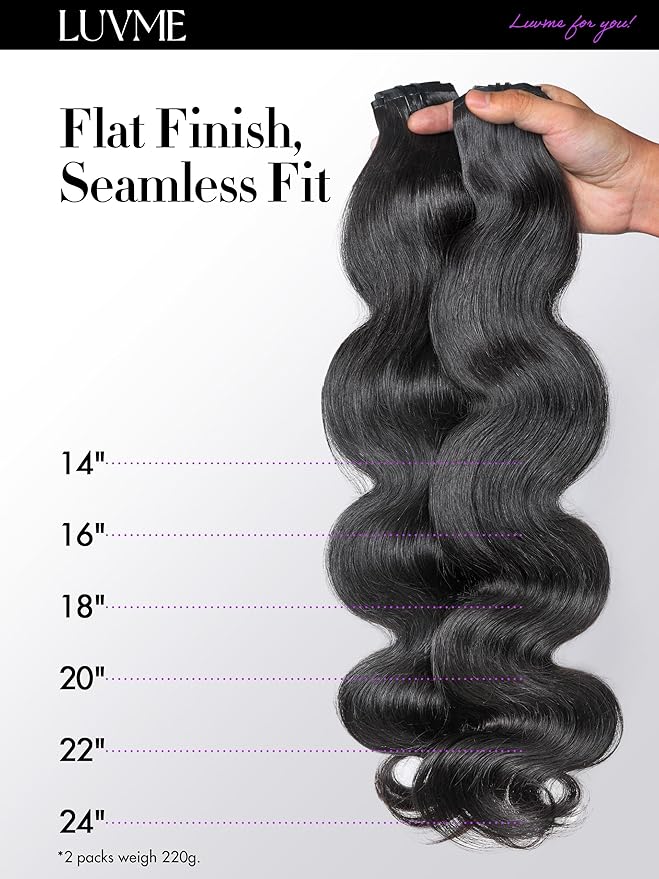 LUVME Invisible Clip in Hair Extensions,Body Wave 16 Inch 2 Pack 220g 12pcs Human Hair Invisible Clip ins Hair Extensions Natural Black Hair for Women