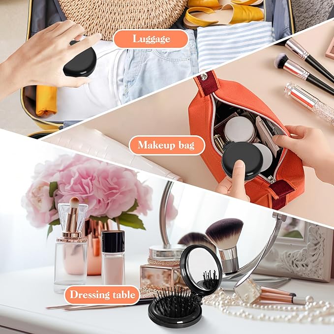 2pcs Mini Hair Brush with Mirror, Compact Air-Cushion Styling Foldable Brush, Tangle-Free Portable Design Lightweight Travel Brush for Women