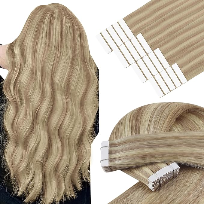 YoungSee 24inch Tape in Human Hair Extensions Highlight Blonde Tape-in Hair Extensions Blonde Highlight Human Hair Extension Tape in Long Straight Hair 20pcs 50g